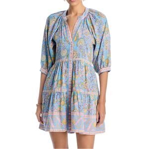 Bell Clara Womens Blue & Pink Floral 3/4 Sleeve Mini-Dress, cotton/silk blend, S
